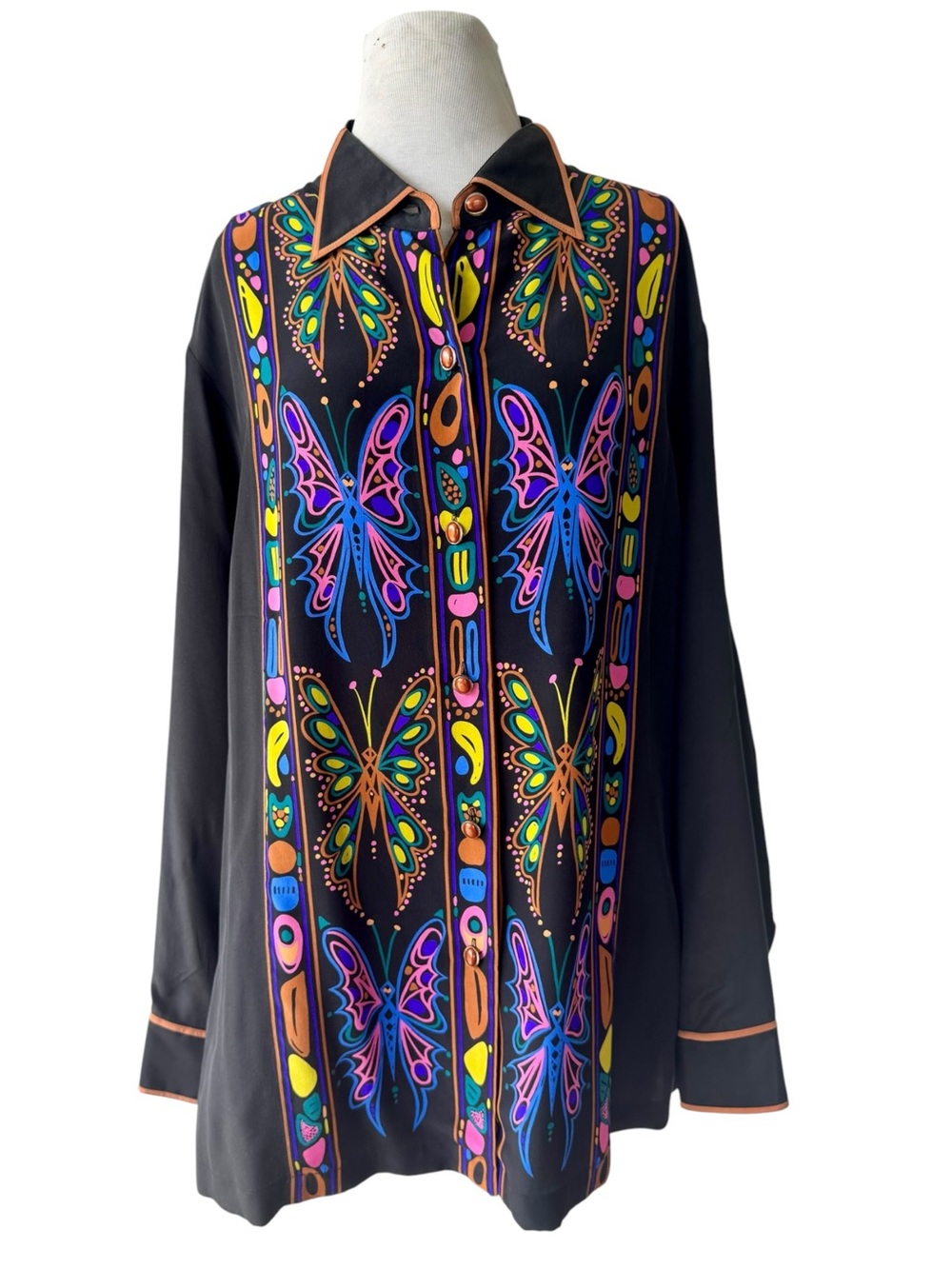 Vtg 90s Bob Mackie Wearable Art Black Butterfly Print 100% Silk Top Sz 1X - Picture 2 of 7